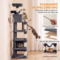 PawHut Árvore Arranhadora para Gatos 204 cm Multinível com 2 Tocas, Rede, 2 Camas, Postes de Sisal, Escada e 2 Bolas, Cinzento-Escuro(m-7)