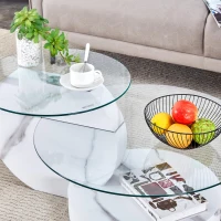 Table basse moderne minimaliste à 2 plateaux en verre de sécurité, design multi‑niveaux élégant, Blanc(m-6)