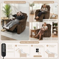 HOMCOM Sillón Relax Reclinable Eléctrico Calor Lumbar Masaje Vibración Motor Silencioso Función Memoria Bolsillos USB Marrón(m-9)