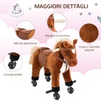 HOMCOM Cavallo Giocattolo a Rotelle per Bambini 2+ Anni con Suoni Realistici e Poggiapiedi, 55x23x60 cm, Marrone(m-7)