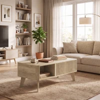 HOMCOM Mesa de centro elevable, compartimento oculto, 2 estantes abiertos, esquinas redondeadas, estilo mid-century, 100x48x41cm, Roble(m-5)