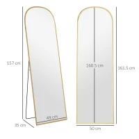 HOMCOM Oglindă de Podea și Perete Modernă din Aluminiu cu Suport Pliabil, 50x170cm, Auriu(m-3)