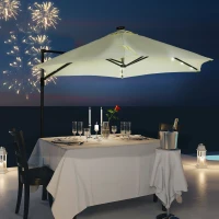 Outsunny Parasol de Terraza Manual Ø256x248 cm con Luces LED Solares Poste Giratorio 360° y Ventilación Superior Beige(m-10)