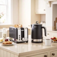 HOMCOM waterkoker- en broodroosterset, 1,7 l 2200 W snelkokende waterkoker met thermostaat, 2-sleufs broodrooster, grijs(m-2)