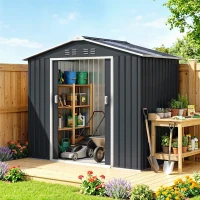 Căsuță din Metal 2,77 m² Outsunny 213 x 130 x 185 cm cu Fundație, Uși Glisante Gri Închis(m-2)