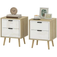 HOMCOM Juego de 2 Mesitas de Noche Modernas con 2 Cajones con Deslizamiento Silencioso 40x35x50 cm Blanco Brillo y Roble(m-11)