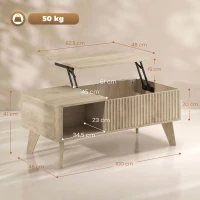 HOMCOM Mesa de centro elevable, compartimento oculto, 2 estantes abiertos, esquinas redondeadas, estilo mid-century, 100x48x41cm, Roble(m-3)
