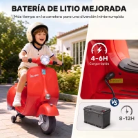 AIYAPLAY Moto Eléctrica para Niños Licencia VESPA Arranque Suave Ruedines Desmontables Luz Delantera Música, Bocina USB Rojo(m-5)