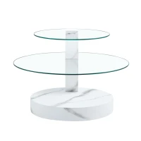 Table basse moderne minimaliste à 2 plateaux en verre de sécurité, design multi‑niveaux élégant, Blanc(m-2)