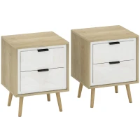 HOMCOM Juego de 2 Mesitas de Noche Modernas con 2 Cajones con Deslizamiento Silencioso 40x35x50 cm Blanco Brillo y Roble(m-1)