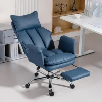 HOMCOM Silla de Escritorio con Reposapiés Respaldo Reclinable Alto Acolchado Grueso Tapizada en Cuero Sintético Ruedas Azul(m-2)