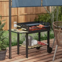 Outsunny Barbacoa de Carbón 113x53,5x82,5 cm con 2 Parrillas Alturas Ajustables Mesa Lateral, Estante y Ruedas para Jardín Negro(m-2)
