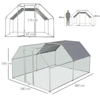 PawHut Gallinero de Exterior 2,8x3,8x1,95 m Gallinero Grande Cubierta de Tela Oxford y Corral de Metal Galvanizado Plata(m-3)
