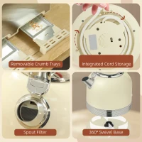 HOMCOM Polished Stainless Steel Kettle and Toaster Set - Cream(m-9)