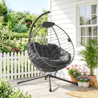 Outsunny PE Rattan Swing Chair, Outdoor Hanging Chair with Metal Stand, Thick Padded Cushion, Foldable Basket and Cup Holder, for Indoor and Outdoor, Grey(m-12)