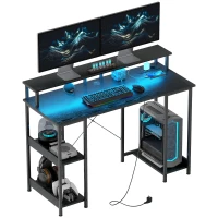 HOMCOM Birou Reversibil pentru PC cu Prize Electrice, Lumini, Suport Monitor și Raft, 120x50 cm, Negru(m-12)