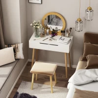 HOMCOM Coiffeuse Design scandinave Table de Maquillage avec Miroir, 2 tiroirs et Tabouret Blanc pin Clair(m-10)