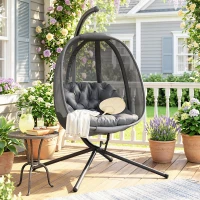 Outsunny Hanging Egg Chair, Folding Texteline Swing Hammock with Side Pocket, Cushion and Stand for Indoor Outdoor, Patio Garden Furniture, Grey(m-24)