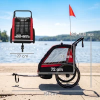 AIYAPLAY Remorque vélo enfant 2 en 1, poussette vélo bébé 2 places, guidon réglable, frein à main, ceinture de sécurité, rouge(m-3)