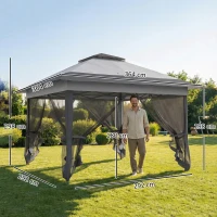 Outsunny Gazebo Pieghevole 3.6x3.6m con Prese d'Aria e Zanzariere, in Acciaio e Tessuto Oxford, Grigio(m-3)