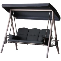 Outsunny Columpio de Jardín Exteriorde 3 Plazas con Toldo Ajustable Bandejas Laterales y 2 Almohadas 208x121x172 cm Negro(m-11)
