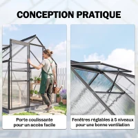 Outsunny Serre de jardin en aluminium polycarbonate avec fondation, serre avec fenêtre réglable porte coulissante 190x375x199cm(m-5)
