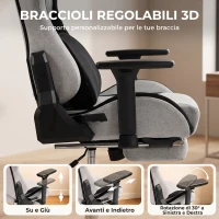 HOMCOM Sedia Gaming Ergonomica Massaggiante con Cuscino Lombare in Tessuto, 70.5x73x127.5-137.5 cm, Grigio(m-5)