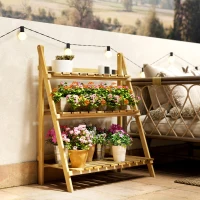 Outsunny Portapiante Pieghevole Portavasi in Legno di Abete con 3 Livelli Scaffale da Esterno per Piante Portafiori 80x37x93cm(m-10)