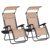 Outsunny 2 Piece Foldable Reclining Garden Chair with Headrest, Zero Gravity Deck Sun Lounger Seat Chair with Footrest, Armrest, Cup Holder & Canopy Shade, Beige(m-1)