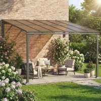 Outsunny 3.4 x 3 m Metal Lean-to Pergola, Wall-Mounted Garden Pergola with Polycarbonate Roof and Metal-Aluminium Frame, Brown(m-10)