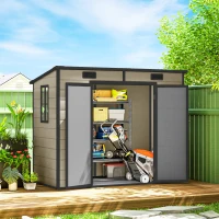 Outsunny Casetta da Giardino 2.54m² in PP e Alluminio con Pavimento, Tetto Inclinato, Doppia Porta Bloccabile, Finestra, Guanti, Marrone Chiaro(m-5)