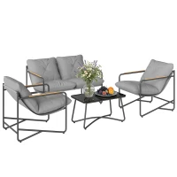 Set de Grădină Outsunny cu Canapea, 2 Fotolii și Măsuță cu Blat din Sticlă, Mobilier de Exterior cu Perne Groase, Gri Deschis(m-11)