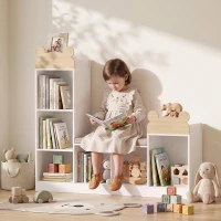 AIYAPLAY Bibliothèque Enfant, Meuble Rangement Enfant 3 en 1 avec Banc, 6 Compartiments, 2 Étagères, Coussin d'Assise, Blanc(m-15)