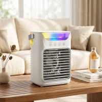 HOMCOM Air Cooler with Adjustable Head, Portable Air Conditioner with 3 Wind Speed, 2 Cool Mist, RGB Light, White(m-8)