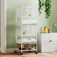 PawHut Jaula para Pájaros de 2 Niveles con Paneles Acrílicos Comederos Perchas Ruedas y Estante Inferior 48x46x134,5 cm Blanco(m-10)