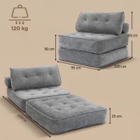 HOMCOM Sillón Convertible 1 Plaza 3 en 1 de 95x220 cm con 2 Cojines y Asiento Grueso Gris Claro(m-3)