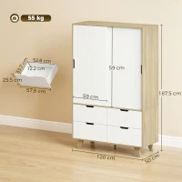 HOMCOM Dulap Dormitor Modern cu Uși Glisante Bară pentru Agățat Rafturi Reglabile și 4 Sertare Stejar și Alb(m-3)
