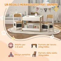 HOMCOM 3 in 1 Set Tavolo Bambini con 2 Sedie, Lavagna Rimovibile, Libreria, Scatole in Tessuto, 3-8 Anni, Naturale(m-5)