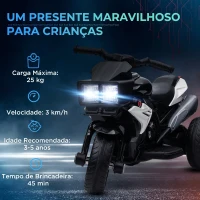 HOMCOM Motocicleta Elétrica Infantil com 3 Rodas para Crianças acima de 3 anos Bateria 6V com Luzes e Música 86x42x52 cm Branco(m-7)