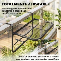 Outsunny Mesa Colgante de Balcón con Brazo Regulable y Altura Ajustable en 3 Posiciones Marco Metálico 60x56x50 cm Negro(m-4)