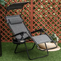 Outsunny Foldable Reclining Garden Chair with Headrest, Zero Gravity Deck Sun Lounger Seat with Footrest, Armrest, Cup Holder & Canopy Shade, Light Grey(m-10)