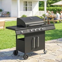 Outsunny 4+1 Burner Gas BBQ Grill with Storage Cabinet, 15.2 kW Gas Barbecue Trolley with Side Table, 4 Wheels, Warming Rack(m-9)