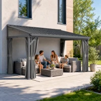 Outsunny 4.3 x 3 m Garden Pergola with Galvanised Steel Roof, Lean to Pergola Gazebo with Netting Curtains, Dark Grey(m-8)