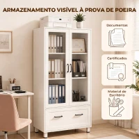 HOMCOM Arquivador com Portas de Vidro e Gaveta, Armário de Escritório com Barras Ajustáveis para Arquivo, 75x40x141 cm, Branco(m-5)