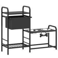 PawHut Comedero Perro Elevado con Cajón de Tela 2 Cuencos de Acero Inoxidable 2x800 ml Altura Ajustable 2 Estantes Negro(m-11)