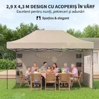 Outsunny Gazebo Pop Up pliabil cu pereți laterali și ferestre, 2.9x4.3 m, din metal și țesătură Oxford, maro nisipiu(m-4)