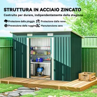 Outsunny Casetta da Giardino in Acciaio 272 x 134 cm con Porte Scorrevoli Doppie e 2 Prese d'Aria, Verde(m-3)