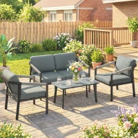 Outsunny Aluminium Garden Furniture Set, 4 Seater Outdoor Patio Furniture with Loveseat, 2 Armchairs, Slatted Table(m-2)