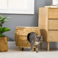 PawHut Cueva para Gatos de Mimbre con Cojín Lavable y Patas Elevadas Apariencia de Taburete 44x43x42 cm Natural(m-10)