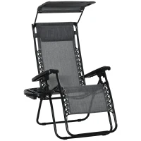 Outsunny Foldable Reclining Garden Chair with Headrest, Zero Gravity Deck Sun Lounger Seat with Footrest, Armrest, Cup Holder & Canopy Shade, Light Grey(m-1)